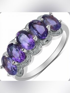 14K White Gold Over Solid Sterling Silver Diamonds Amethyst Size 7 Designer Ring